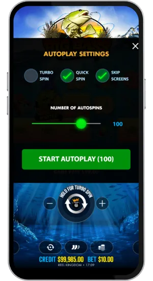 Big Bass Bonanza autoplay settings panel with quick spin turbo spin and one hundred autospins selected