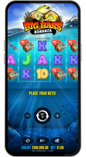 Big Bass Bonanza main reels showing card symbols and tackle box with place your bets prompt